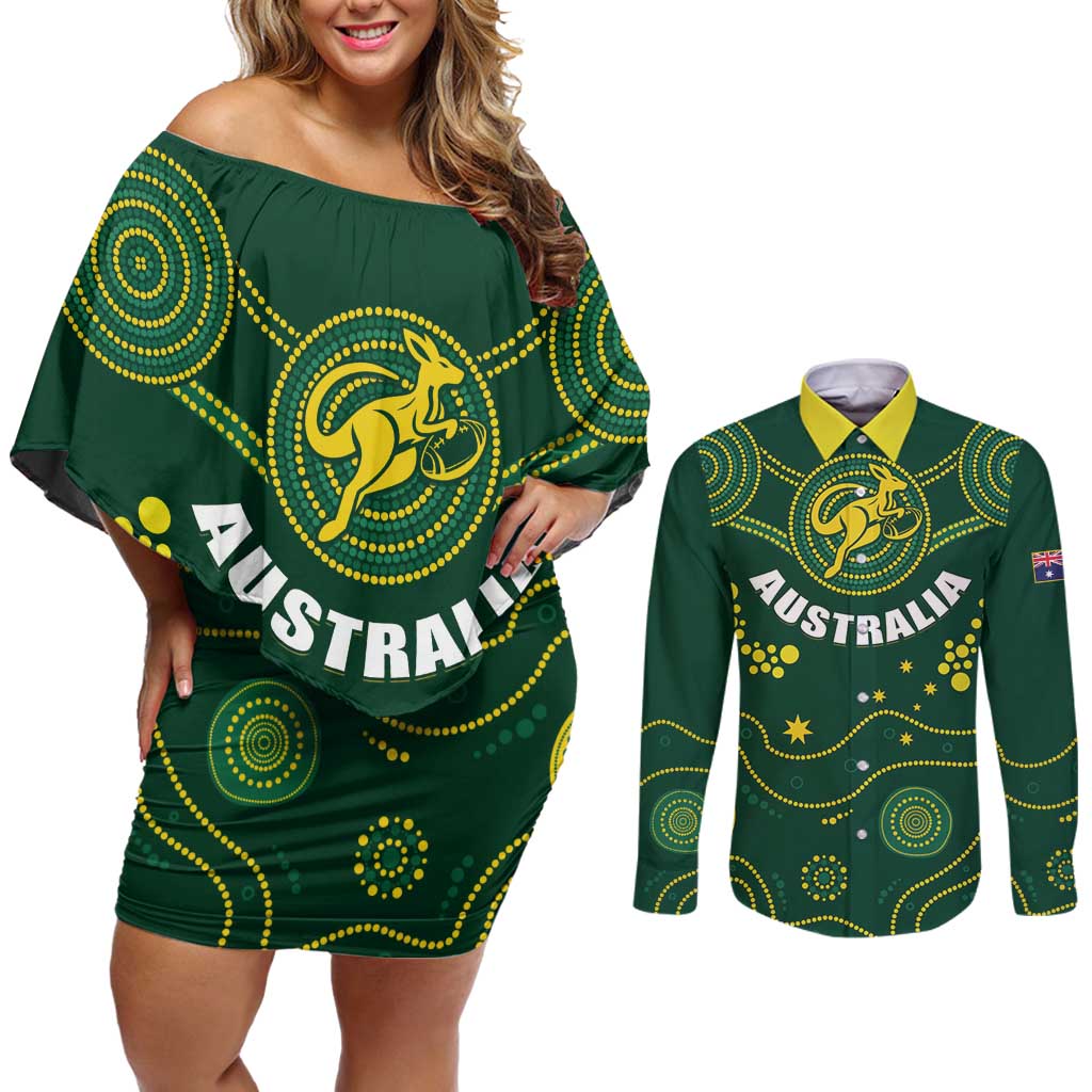 Australia 2024 Rugby Couples Matching Off Shoulder Short Dress and Long Sleeve Button Shirt Go Wallabies - Wonder Print Shop