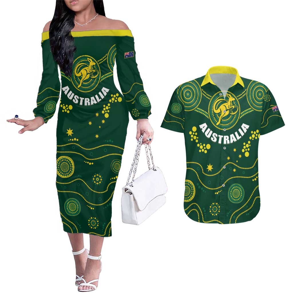 Australia 2024 Rugby Couples Matching Off The Shoulder Long Sleeve Dress and Hawaiian Shirt Go Wallabies - Wonder Print Shop