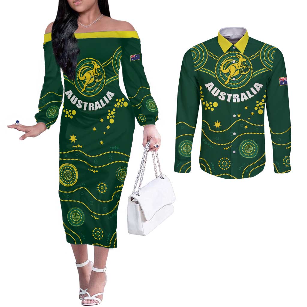 Australia 2024 Rugby Couples Matching Off The Shoulder Long Sleeve Dress and Long Sleeve Button Shirt Go Wallabies