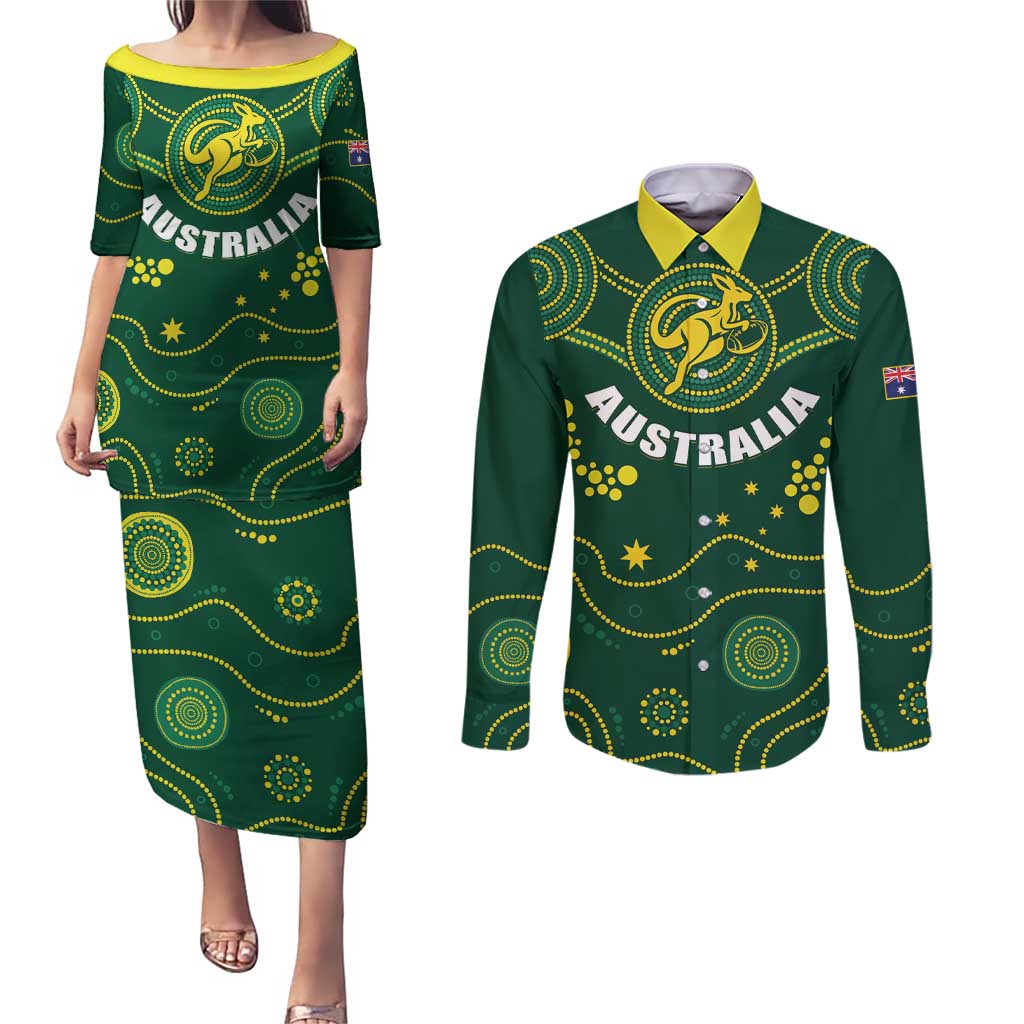 Australia 2024 Rugby Couples Matching Puletasi and Long Sleeve Button Shirt Go Wallabies - Wonder Print Shop