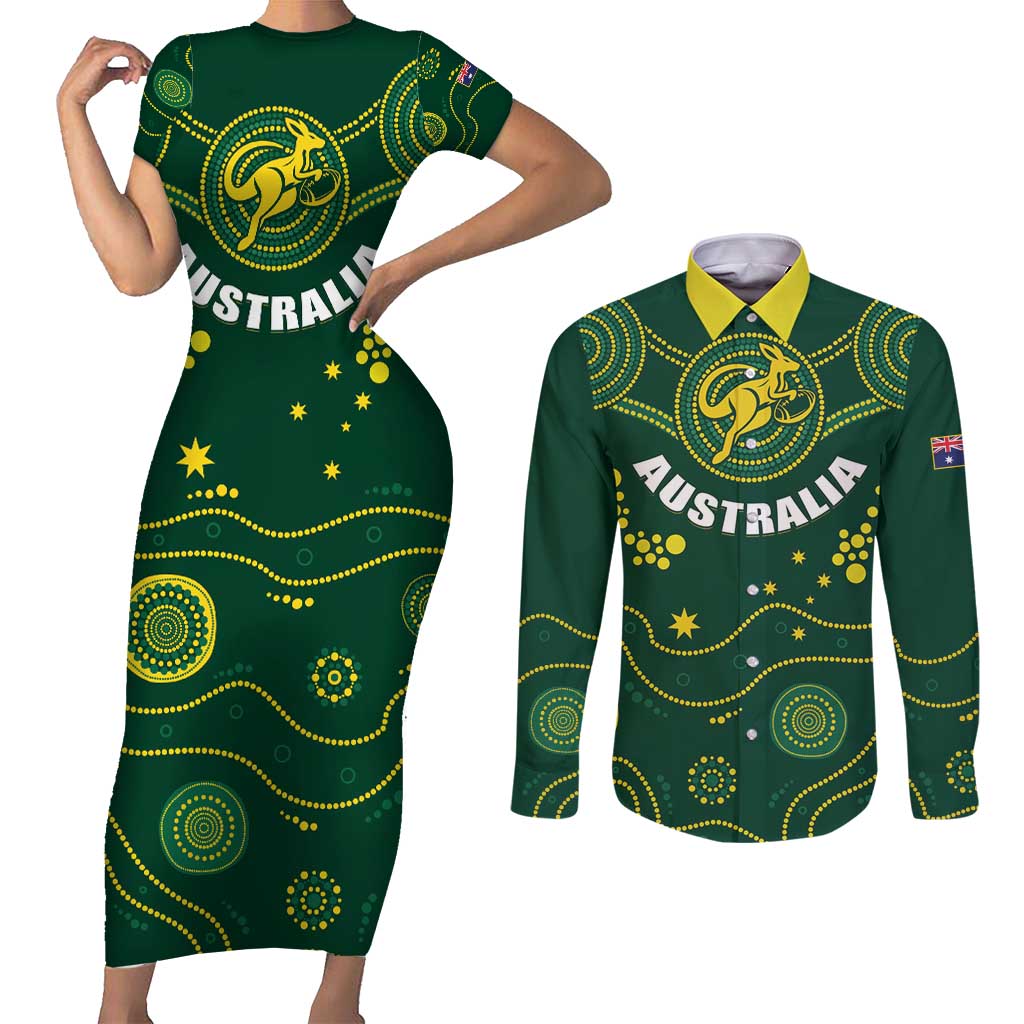 Australia 2024 Rugby Couples Matching Short Sleeve Bodycon Dress and Long Sleeve Button Shirt Go Wallabies - Wonder Print Shop