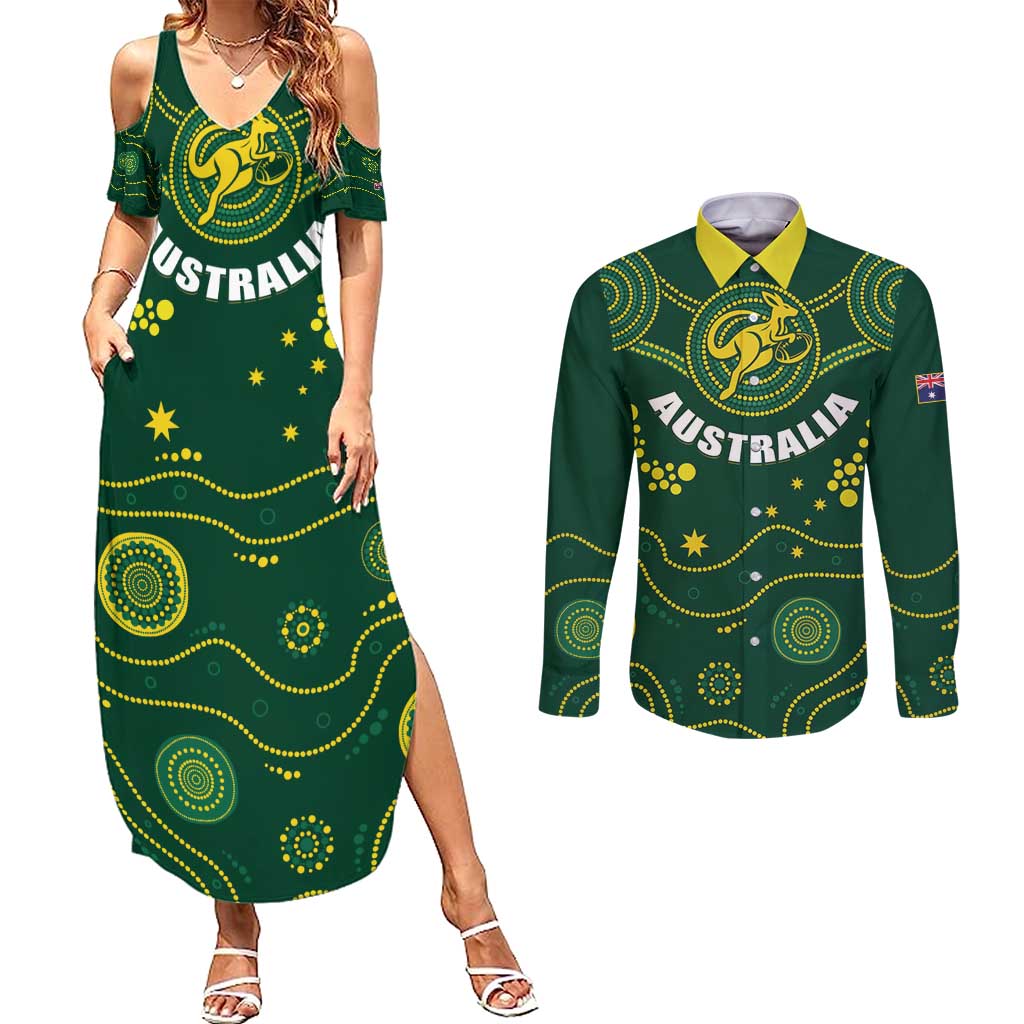 Australia 2024 Rugby Couples Matching Summer Maxi Dress and Long Sleeve Button Shirt Go Wallabies - Wonder Print Shop