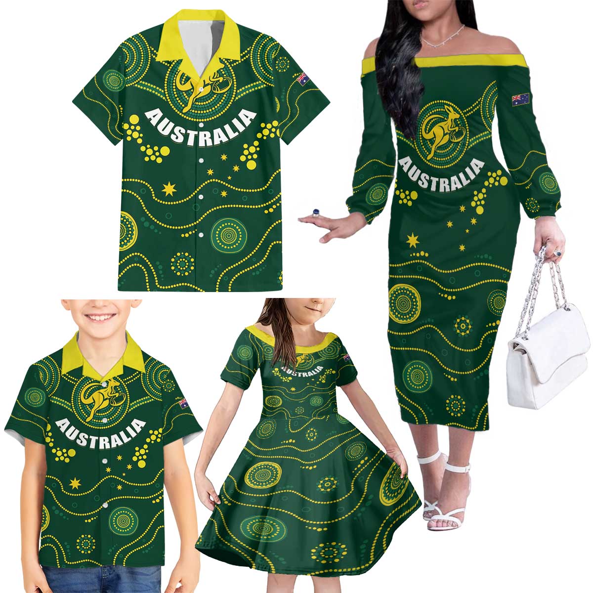 Australia 2024 Rugby Family Matching Off The Shoulder Long Sleeve Dress and Hawaiian Shirt Go Wallabies - Wonder Print Shop