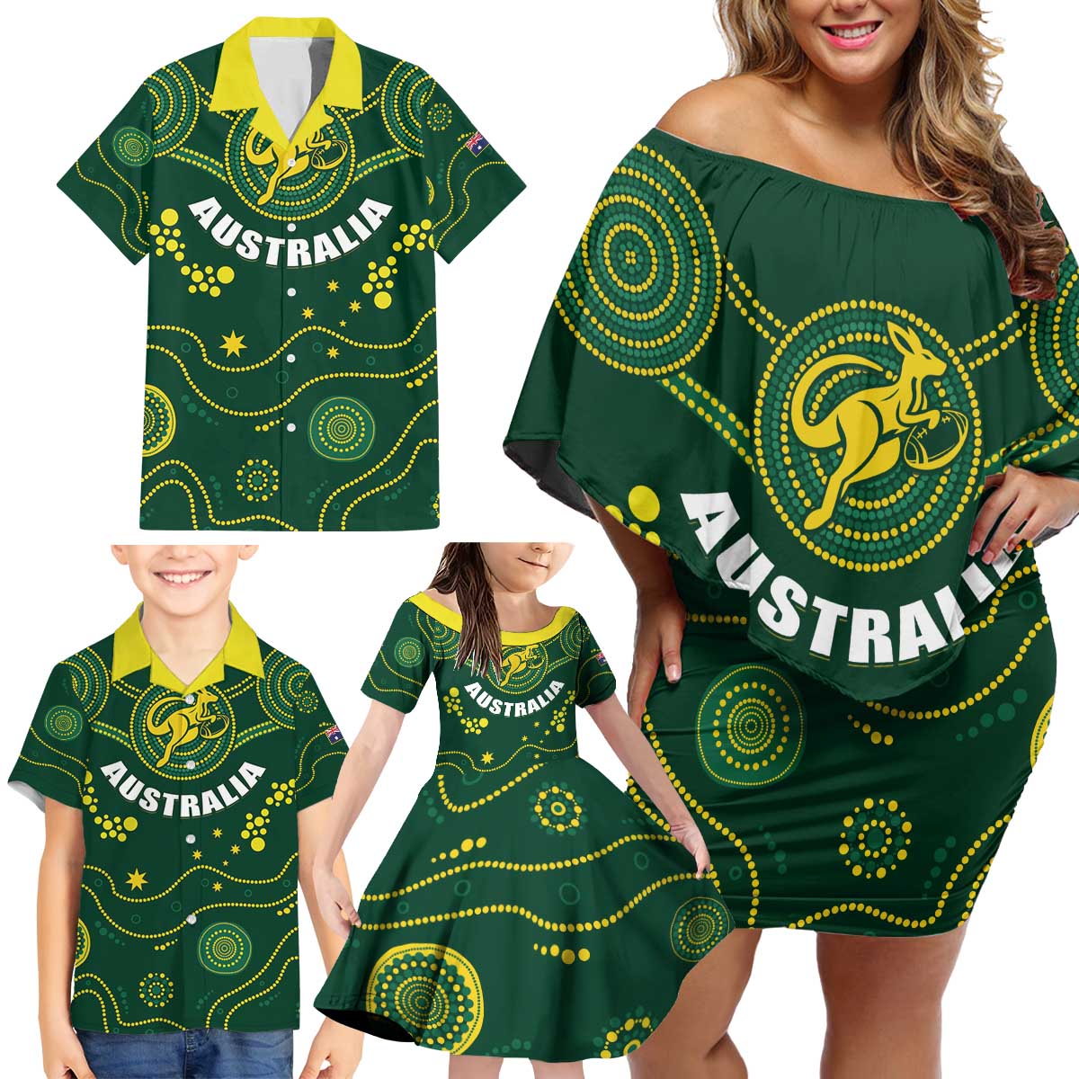 Australia 2024 Rugby Family Matching Off Shoulder Short Dress and Hawaiian Shirt Go Wallabies - Wonder Print Shop