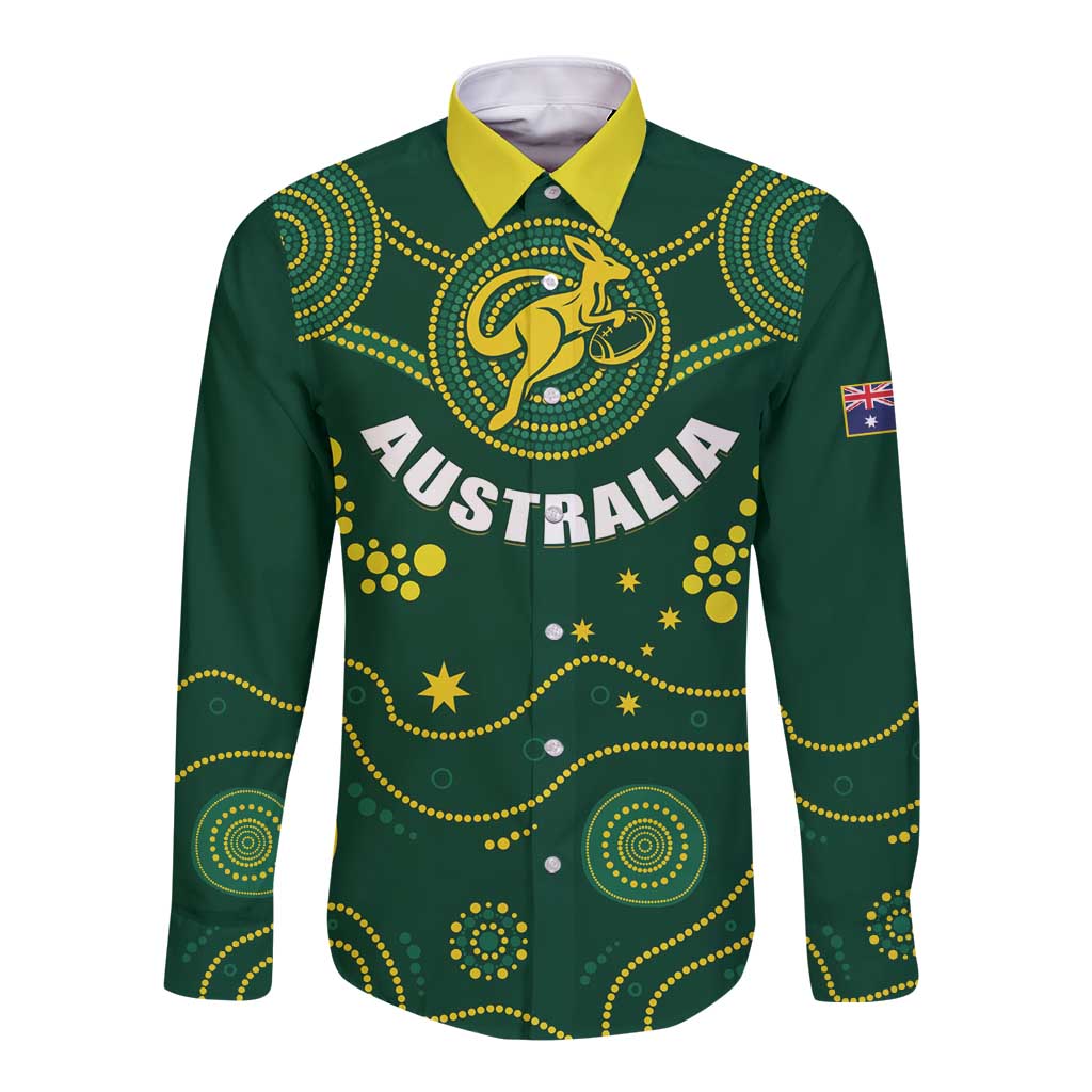 Green rugby long-sleeve button shirt with yellow collar, AUSTRALIA print and kangaroo badge