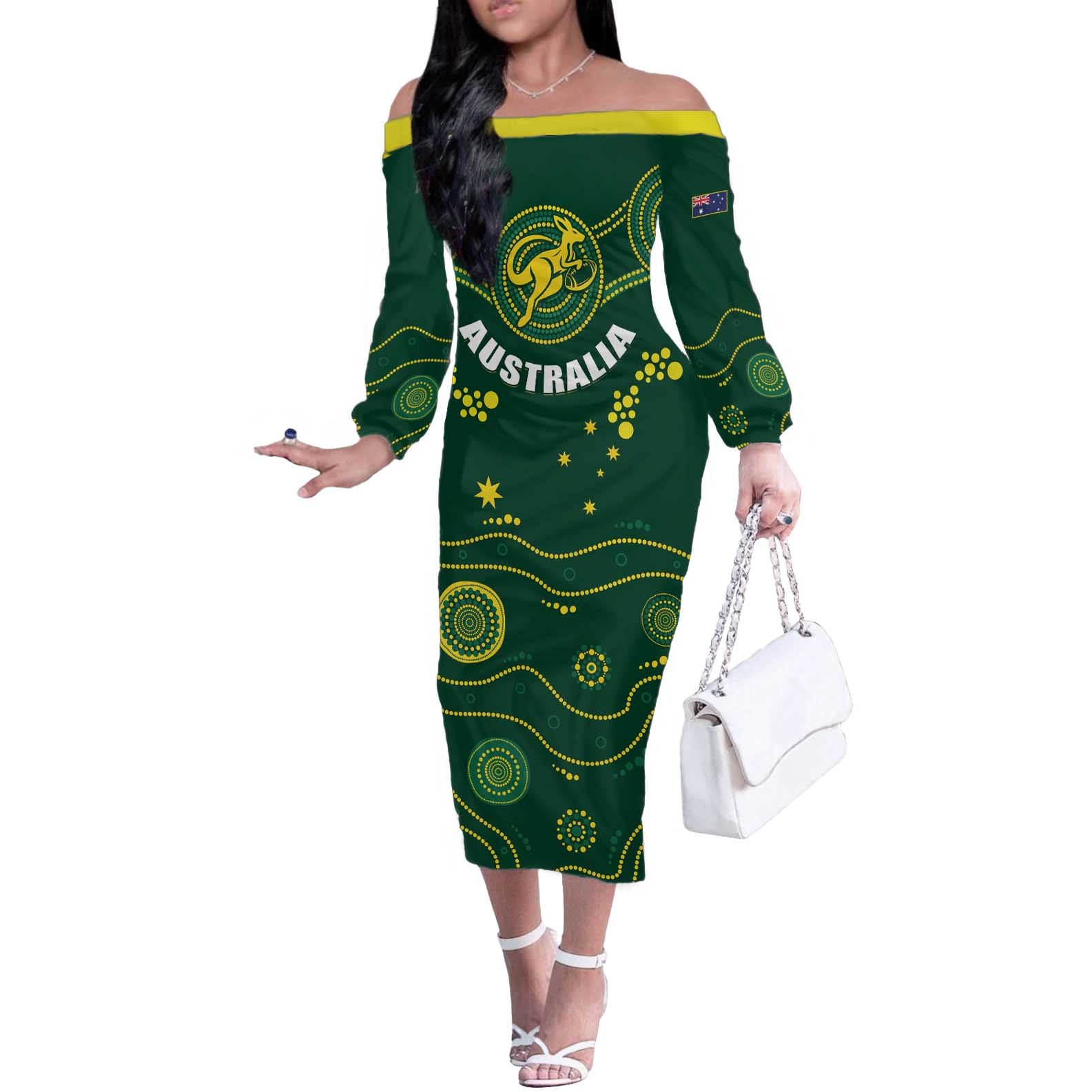 Australia 2024 Rugby Off The Shoulder Long Sleeve Dress Go Wallabies - Wonder Print Shop