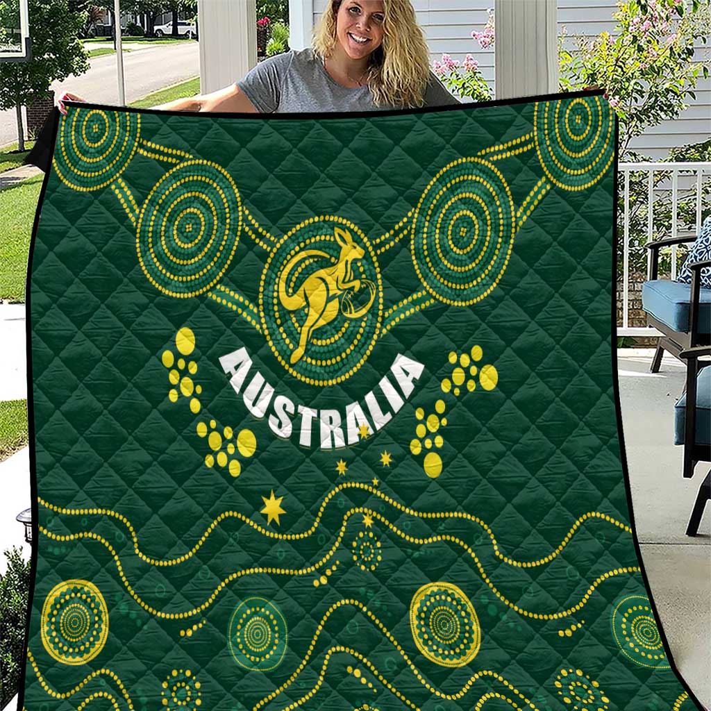 Australia rugby quilt in dark green with yellow Wallabies emblem and wave pattern