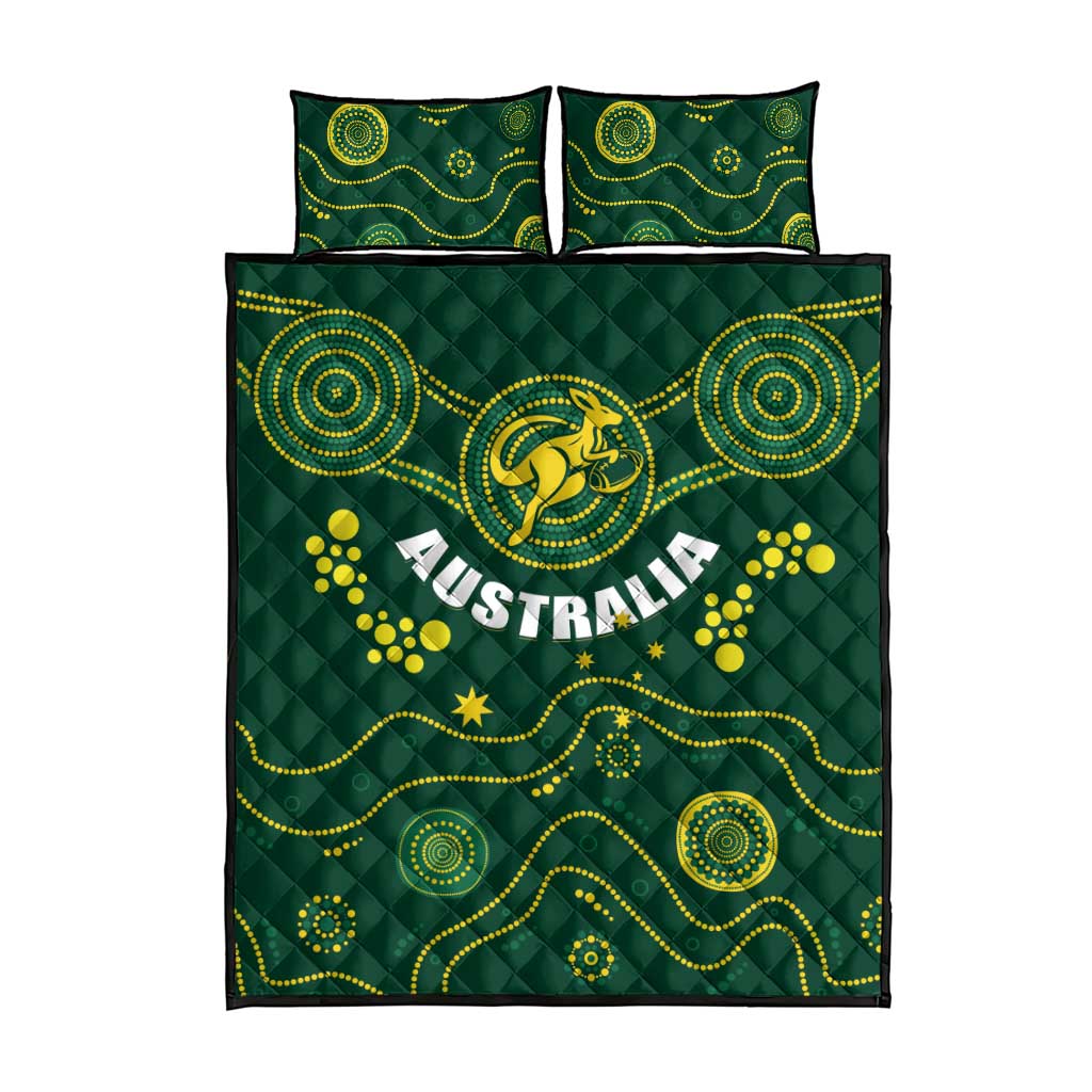 Green Australia rugby quilt bed set with kangaroo graphic, dotted swirls; includes two pillowcases