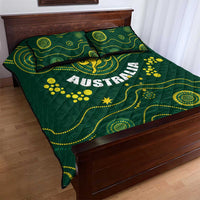Green quilt bed set with AUSTRALIA text, kangaroo graphic, and dotted wave motifs; two pillowcases