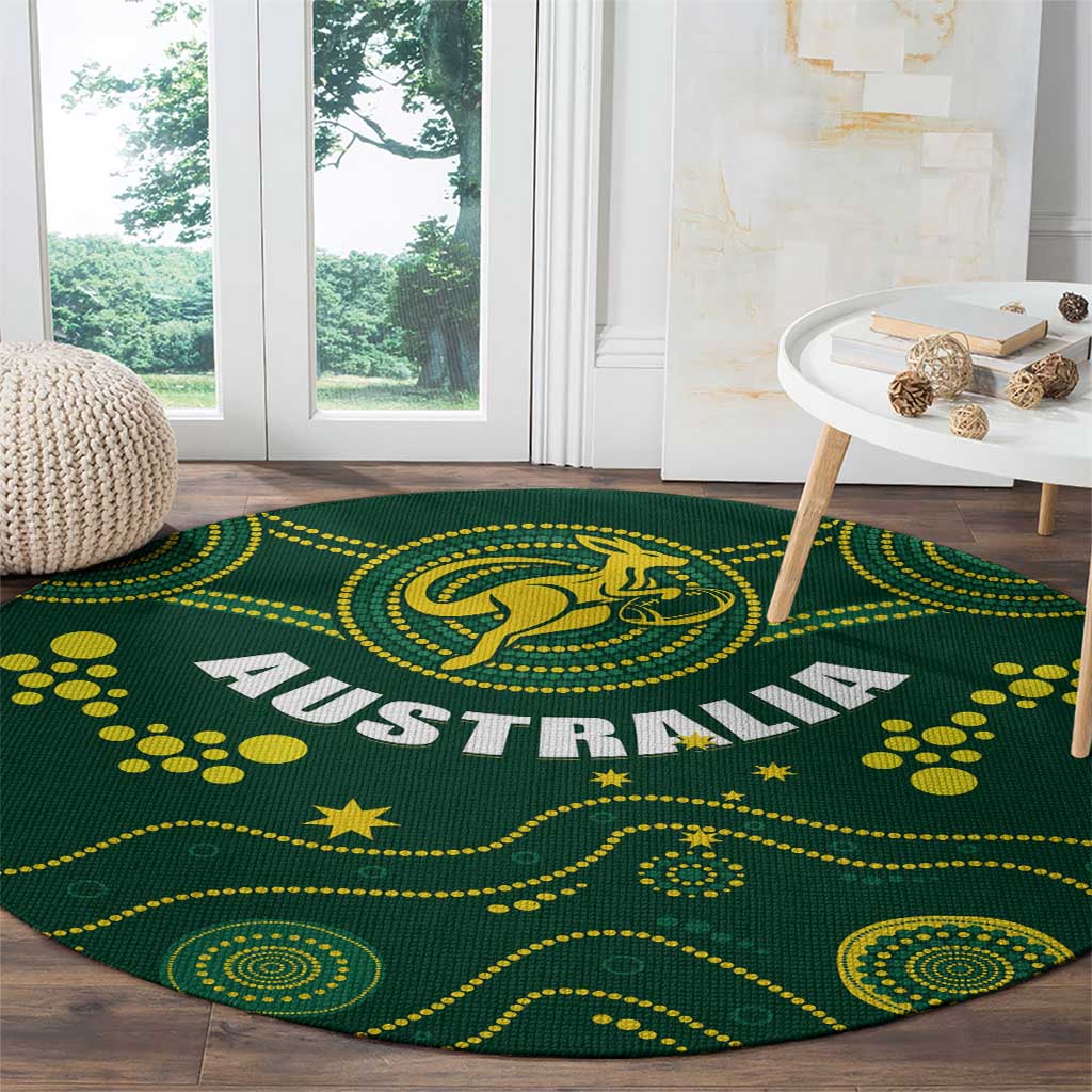 Green round rugby carpet with 'AUSTRALIA' text and yellow kangaroo crest