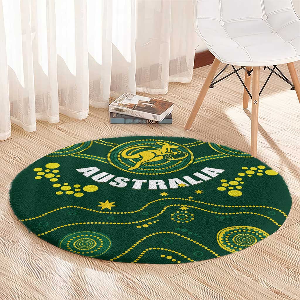 Round green Australia rugby carpet with yellow kangaroo crest, 'AUSTRALIA' and stars