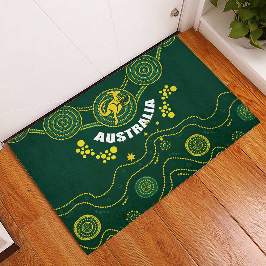 Green rubber doormat with 'AUSTRALIA' lettering and central yellow kangaroo emblem pattern
