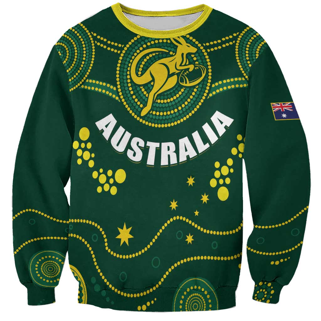 Green rugby sweatshirt with yellow ribbed trim, Australia graphic, stars and kangaroo