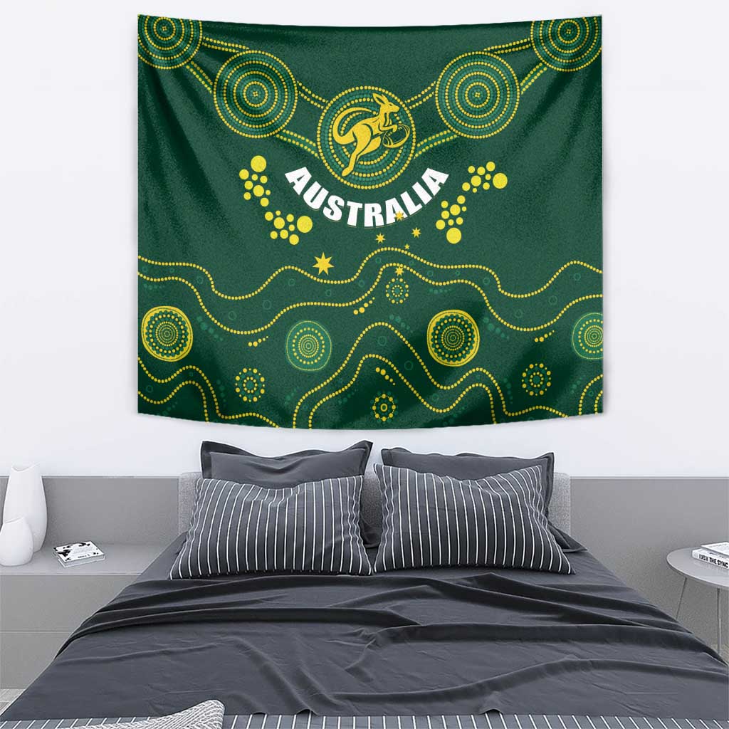 Green Australia rugby tapestry wall hanging showing Australia text and kangaroo symbol