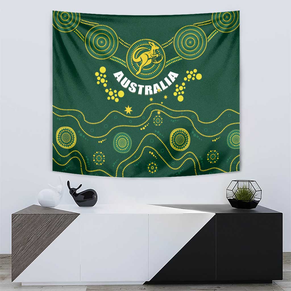 Green Australia rugby tapestry wall hanging with kangaroo logo, waves, and dotted flowers