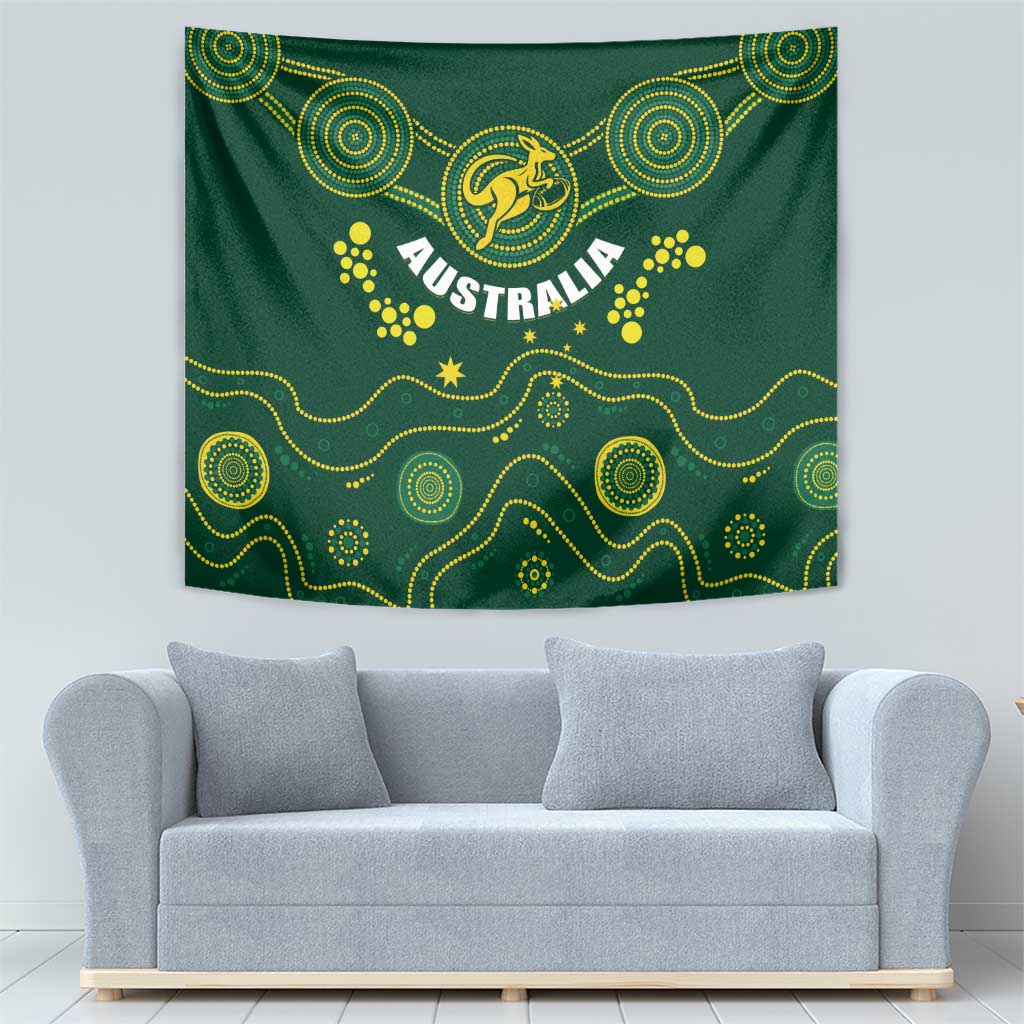Green Australia rugby tapestry wall hanging with Australia lettering and decorative circles