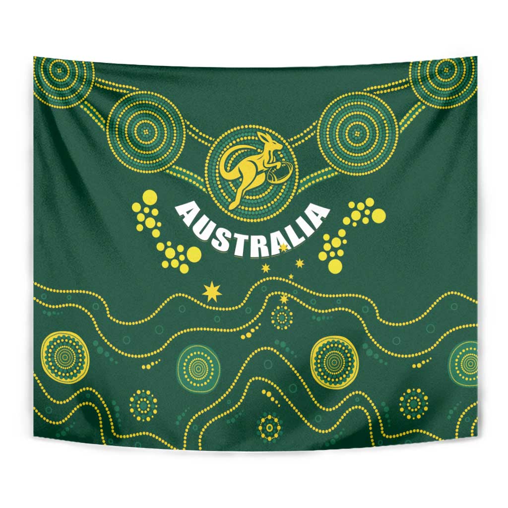 Green Australia rugby tapestry wall hanging close view with kangaroo emblem and dotted stars
