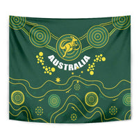 Green Australia rugby tapestry wall hanging close view with kangaroo emblem and dotted stars