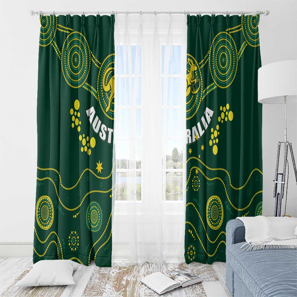 Pair of dark green curtains with gold swirl pattern, stars, and Wallabies-themed text