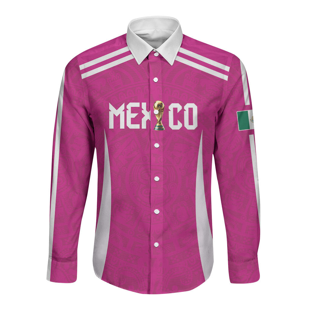 Custom Mexico 2026 Football Pink Long Sleeve Button Shirt Golden Eagle Victory