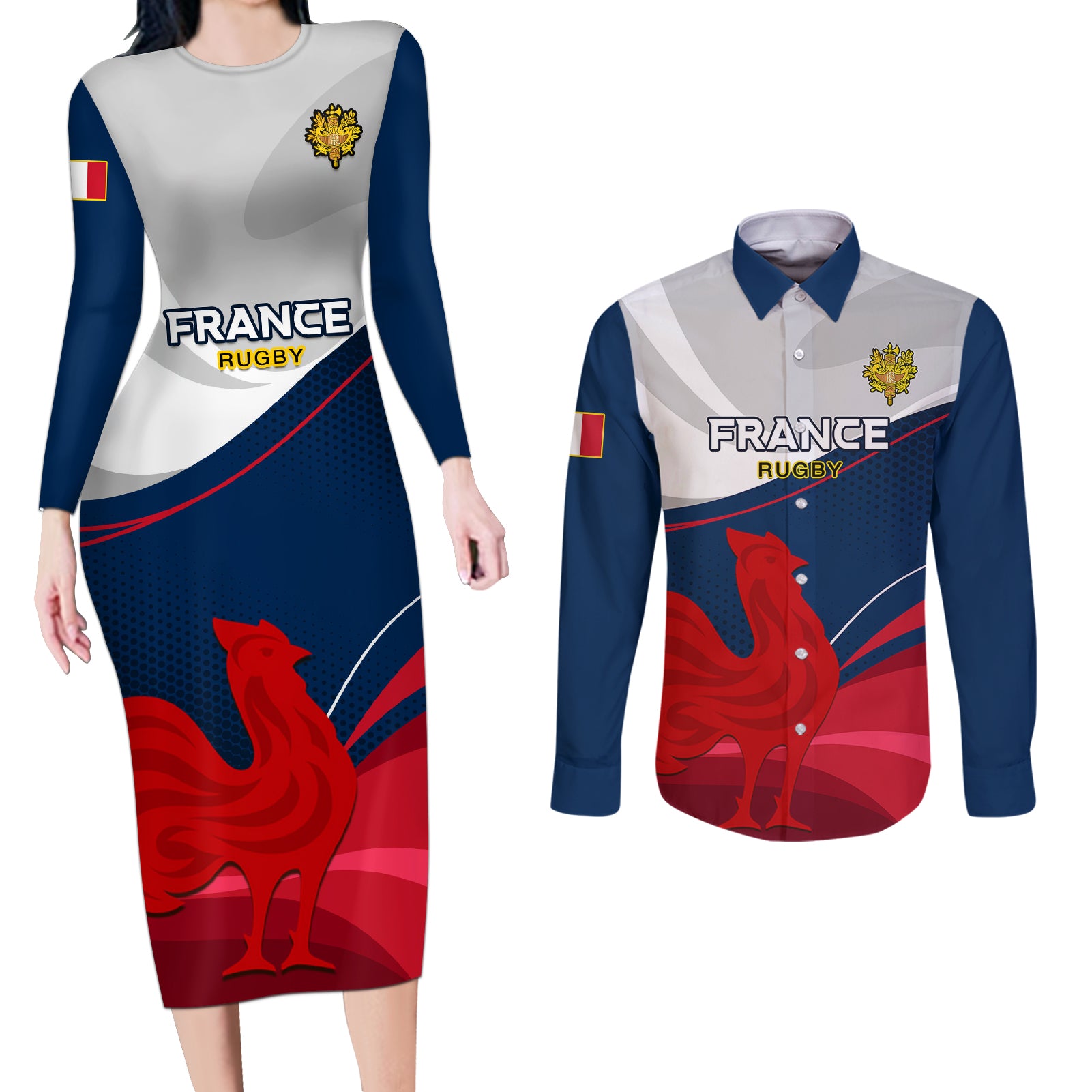 France Rugby Couples Matching Long Sleeve Bodycon Dress and Long Sleeve Button Shirts XV de France 2023 World Cup - Wonder Print Shop