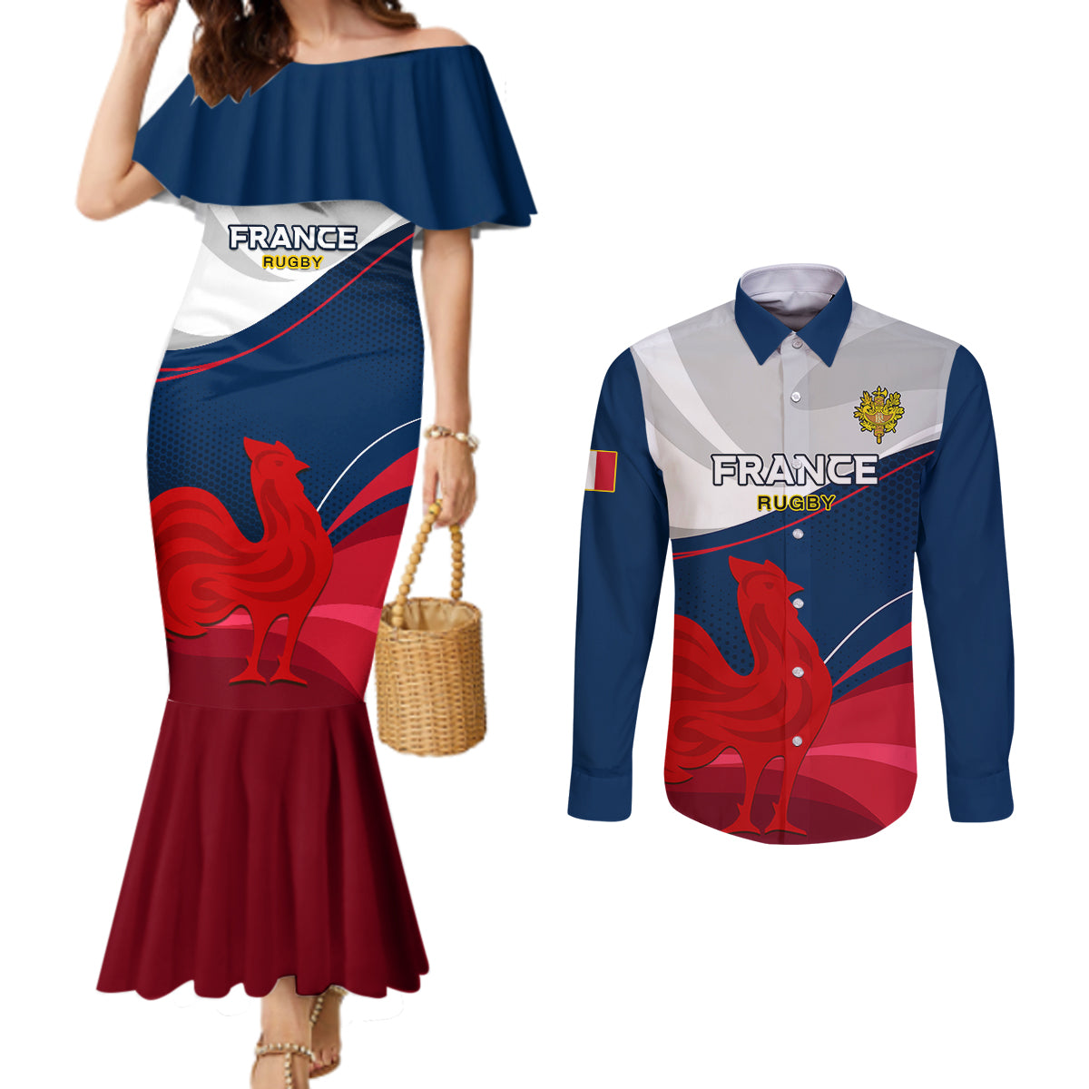 france-rugby-couples-matching-mermaid-dress-and-long-sleeve-button-shirts-xv-de-france-2023-world-cup