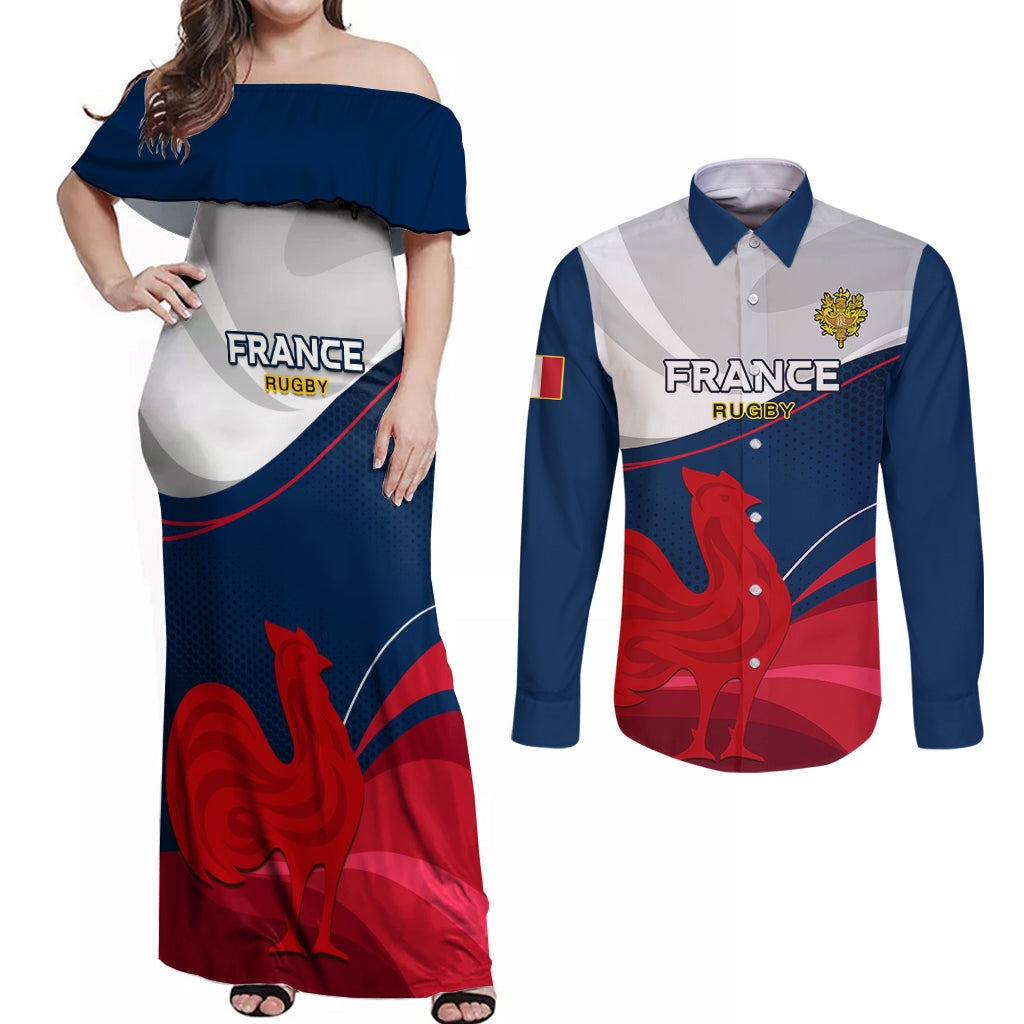 France Rugby Couples Matching Off Shoulder Maxi Dress and Long Sleeve Button Shirts XV de France 2023 World Cup - Wonder Print Shop