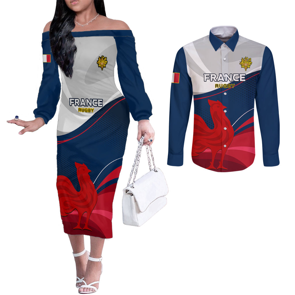 france-rugby-couples-matching-off-the-shoulder-long-sleeve-dress-and-long-sleeve-button-shirts-xv-de-france-2023-world-cup