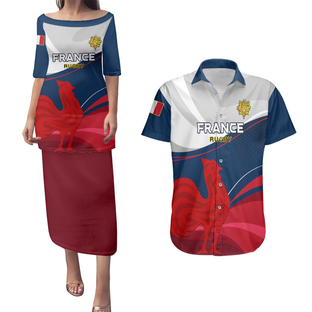 France Rugby Couples Matching Puletasi Dress and Hawaiian Shirt XV de France 2023 World Cup - Wonder Print Shop