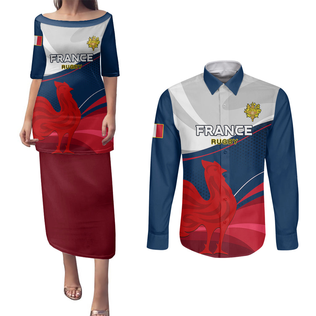 France Rugby Couples Matching Puletasi Dress and Long Sleeve Button Shirts XV de France 2023 World Cup - Wonder Print Shop