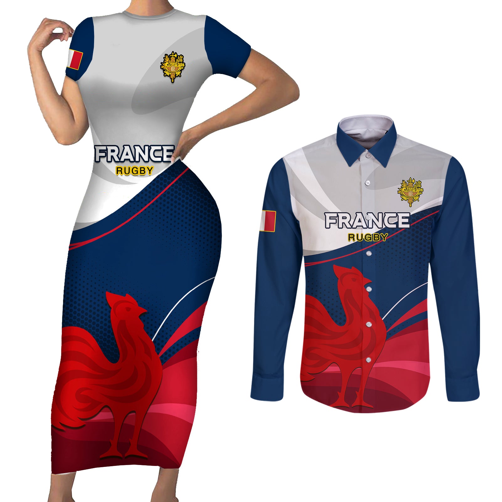 France Rugby Couples Matching Short Sleeve Bodycon Dress and Long Sleeve Button Shirts XV de France 2023 World Cup - Wonder Print Shop