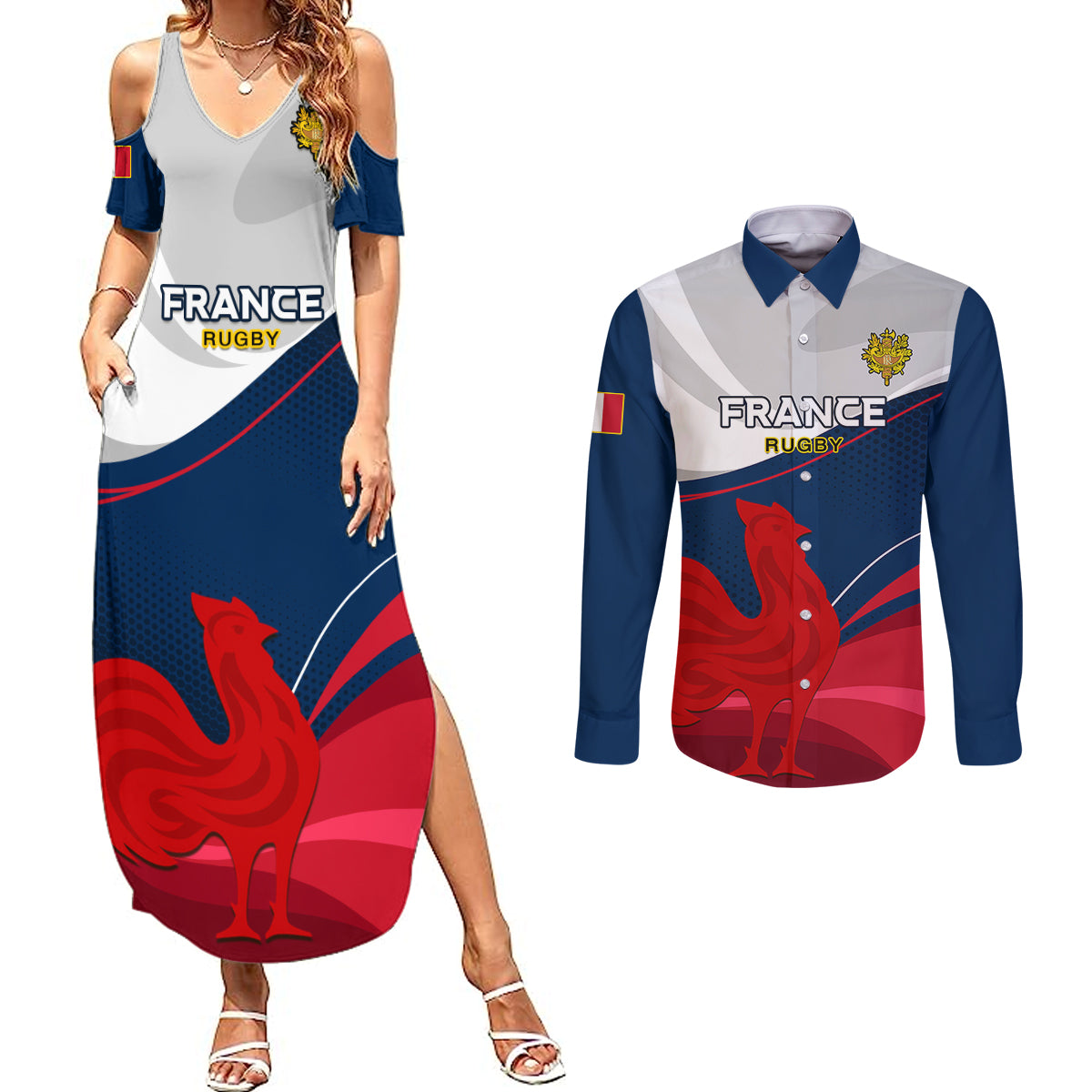 France Rugby Couples Matching Summer Maxi Dress and Long Sleeve Button Shirts XV de France 2023 World Cup - Wonder Print Shop