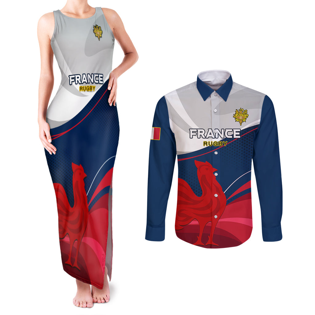 France Rugby Couples Matching Tank Maxi Dress and Long Sleeve Button Shirts XV de France 2023 World Cup - Wonder Print Shop