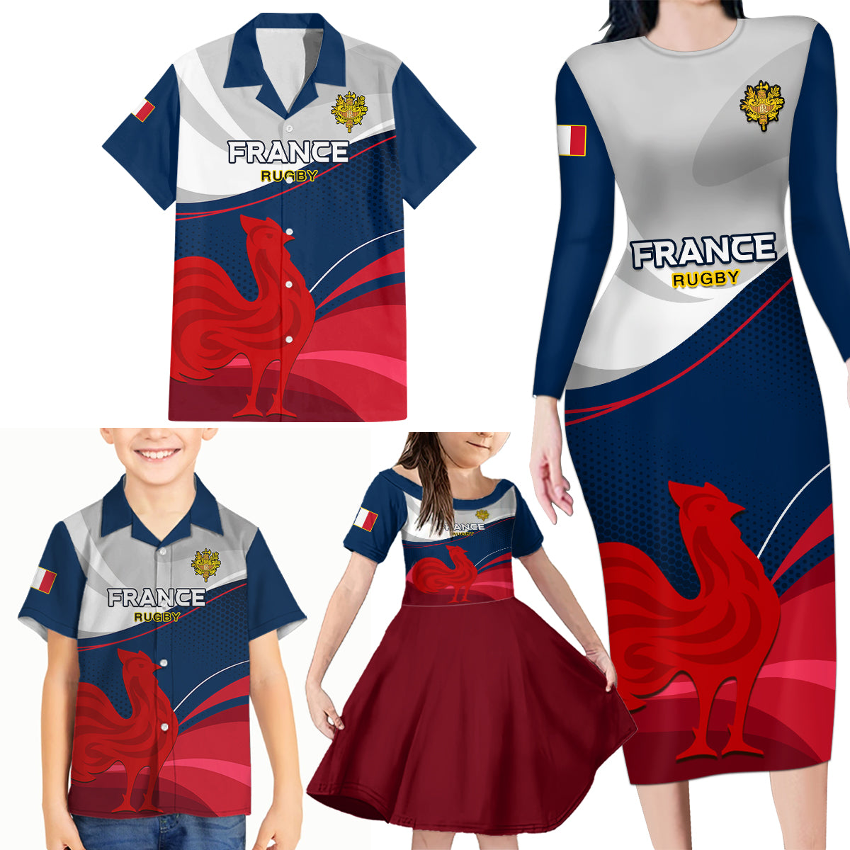 France Rugby Family Matching Long Sleeve Bodycon Dress and Hawaiian Shirt XV de France 2023 World Cup - Wonder Print Shop