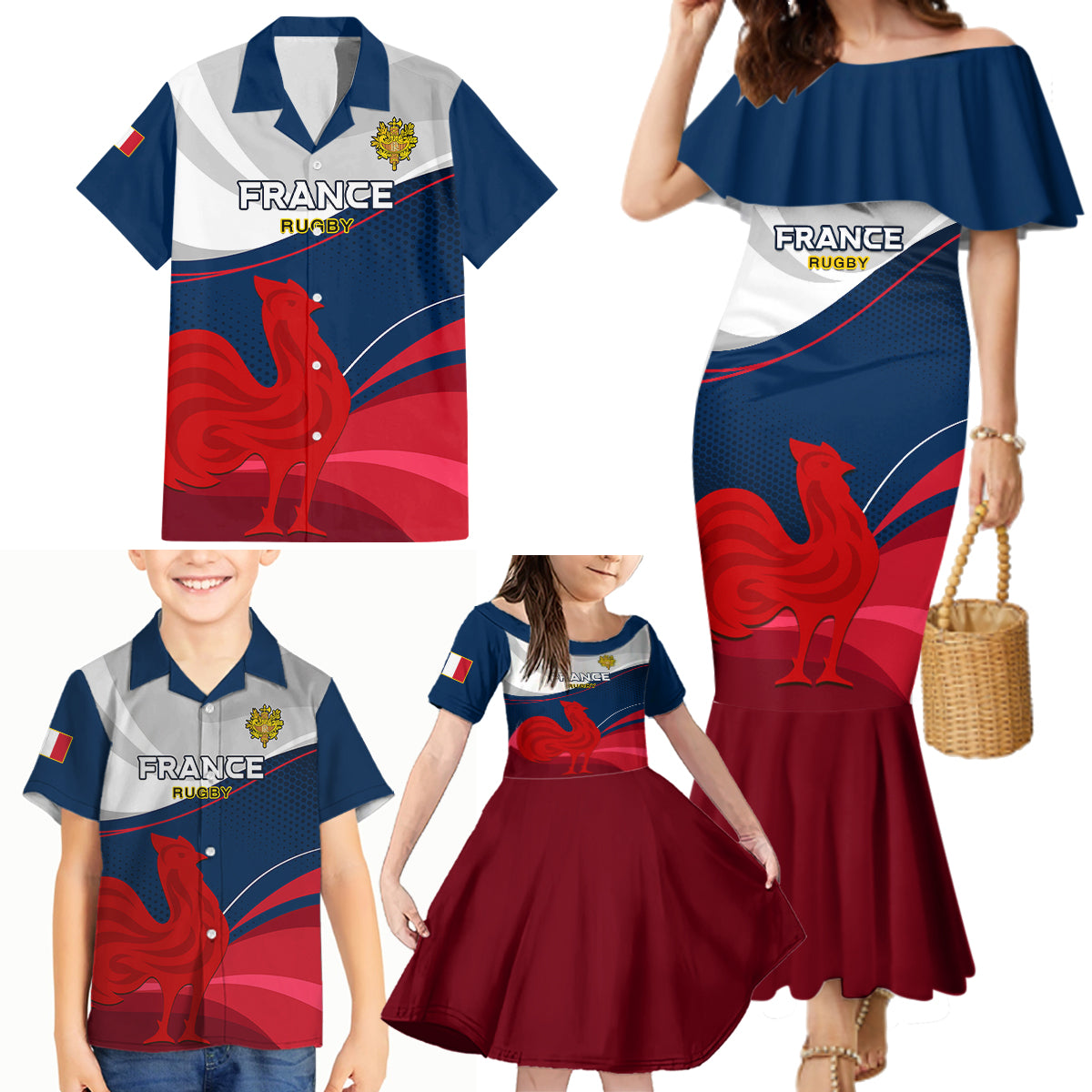 France Rugby Family Matching Mermaid Dress and Hawaiian Shirt XV de France 2023 World Cup - Wonder Print Shop