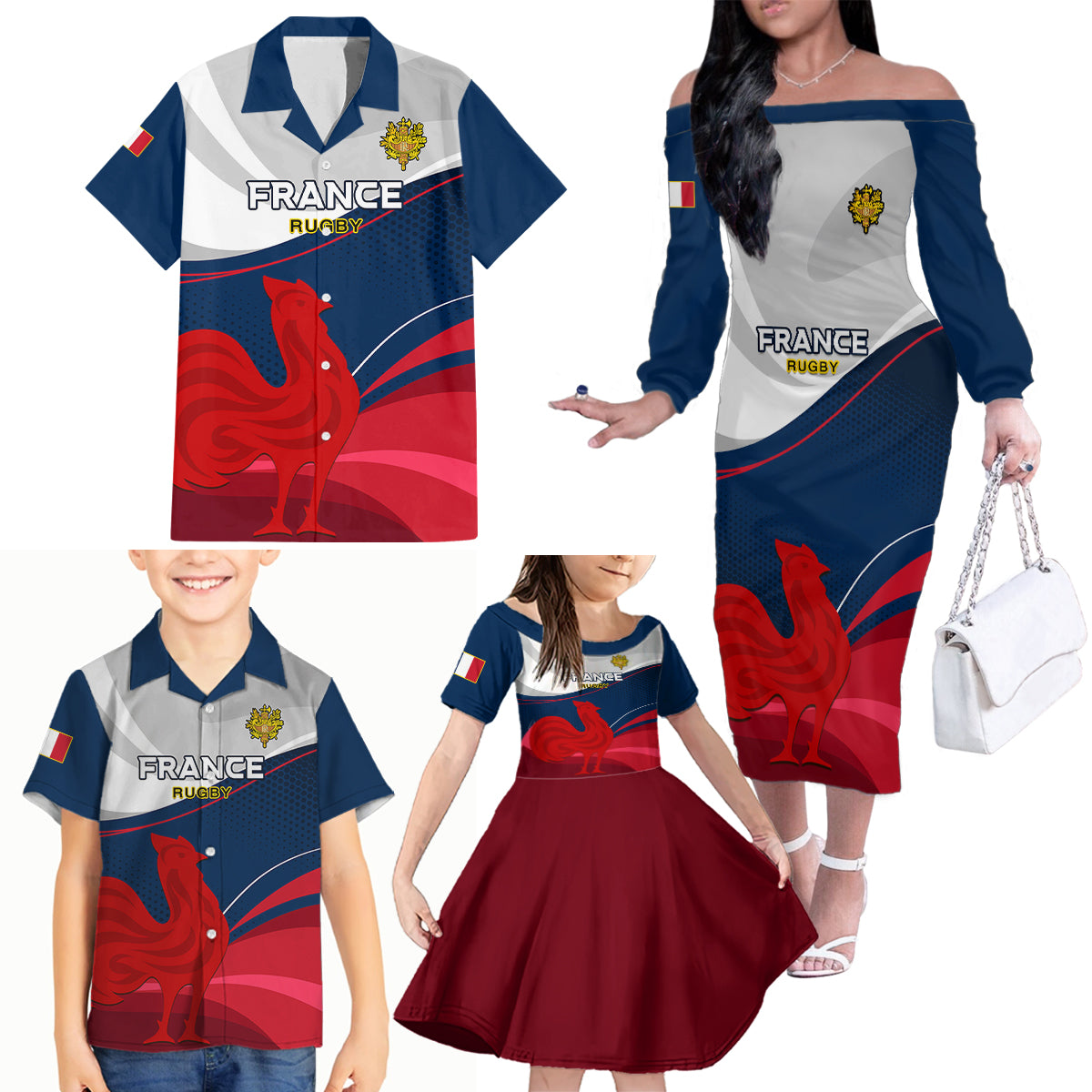 France Rugby Family Matching Off Shoulder Long Sleeve Dress and Hawaiian Shirt XV de France 2023 World Cup - Wonder Print Shop