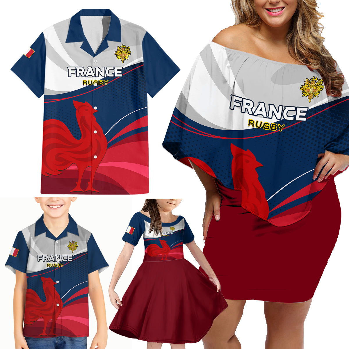 France Rugby Family Matching Off Shoulder Short Dress and Hawaiian Shirt XV de France 2023 World Cup - Wonder Print Shop