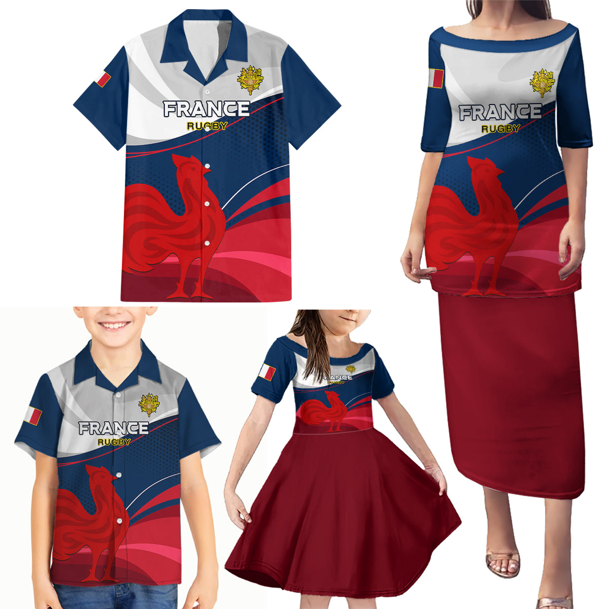 France Rugby Family Matching Puletasi Dress and Hawaiian Shirt XV de France 2023 World Cup - Wonder Print Shop