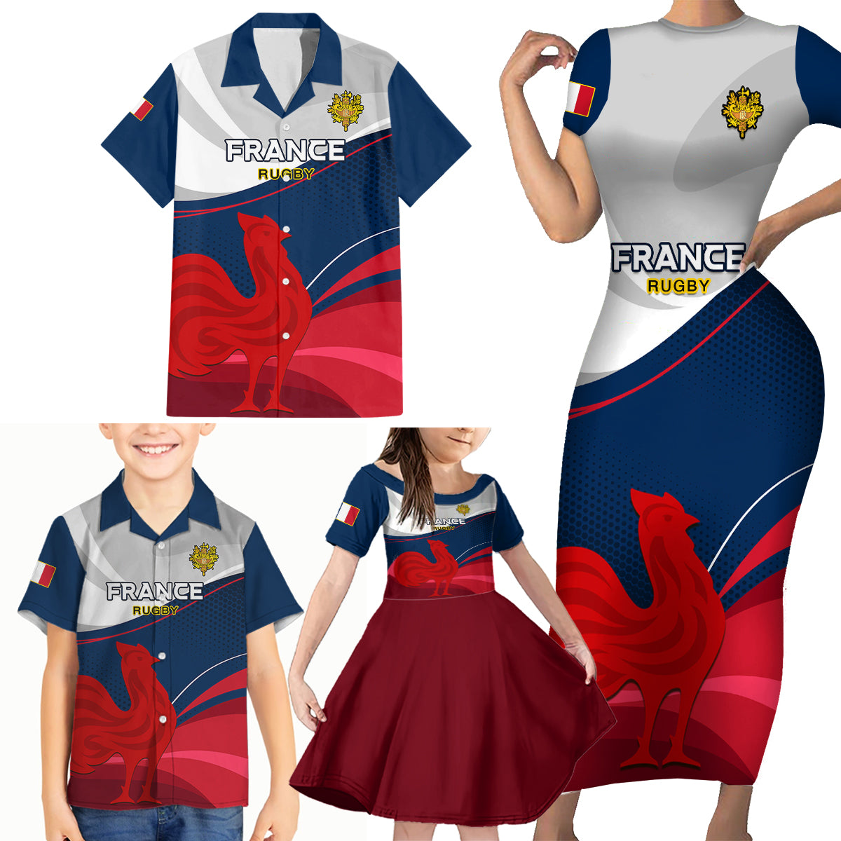 France Rugby Family Matching Short Sleeve Bodycon Dress and Hawaiian Shirt XV de France 2023 World Cup - Wonder Print Shop