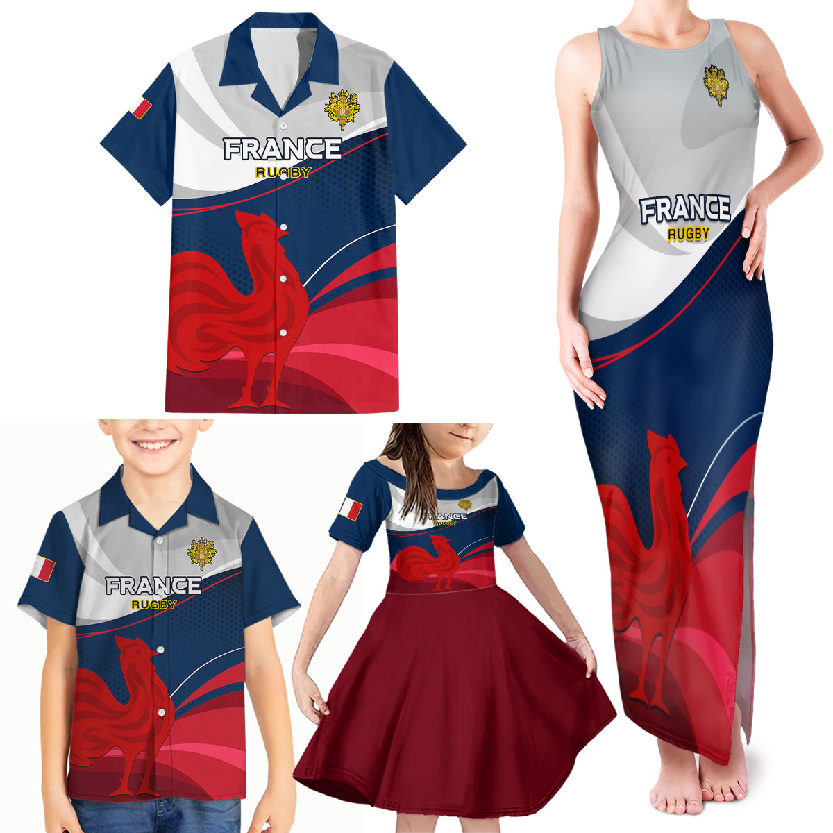 France Rugby Family Matching Tank Maxi Dress and Hawaiian Shirt XV de France 2023 World Cup - Wonder Print Shop