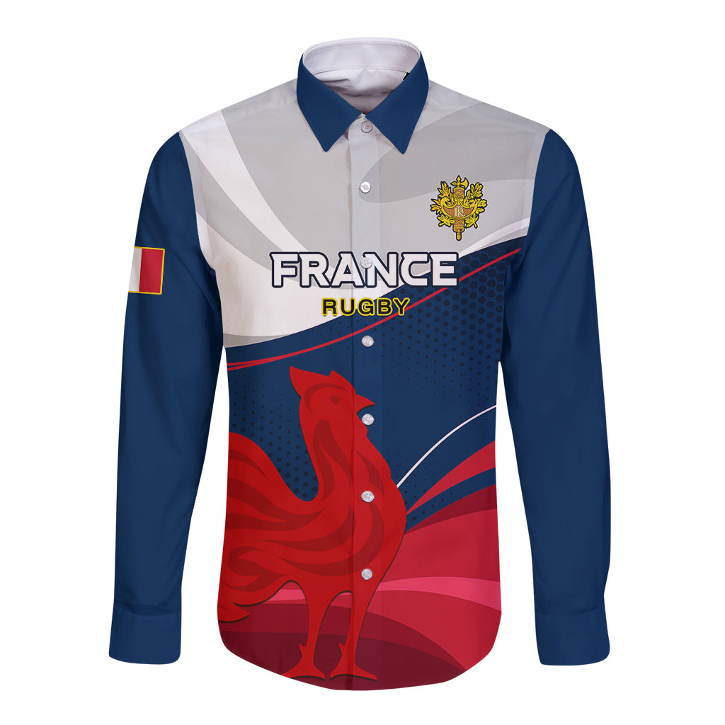 Blue and white long-sleeve button rugby shirt with rooster emblem and France text