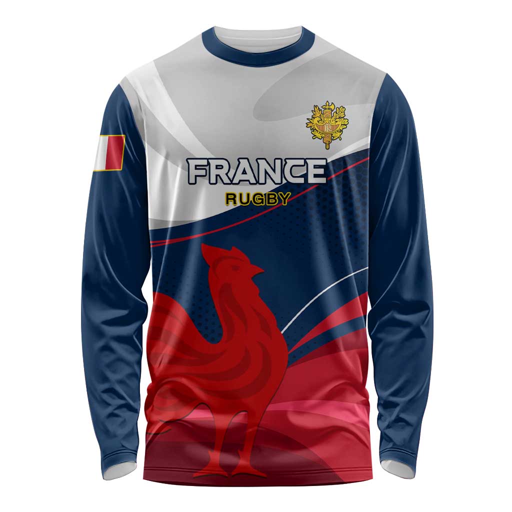 Long sleeve rugby shirt with France crest and lion graphic, blue, white, and red