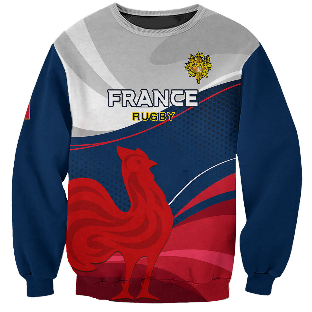 Unisex rugby sweatshirt with blue sleeves, gray front, red rooster graphic and France crest