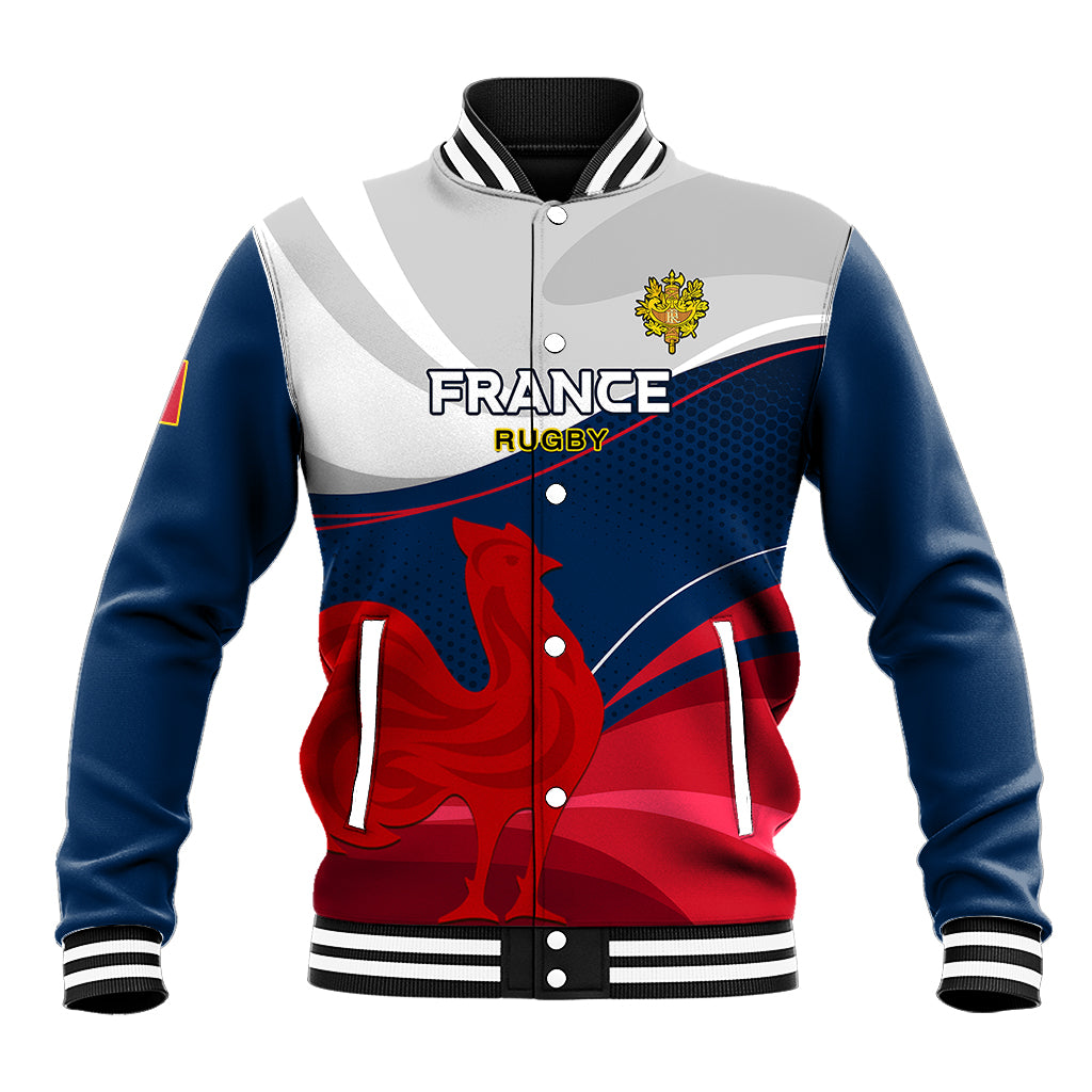 Blue/white/red rugby baseball jacket with red dragon graphic and snap front