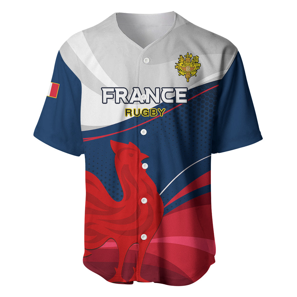 Blue, white and red rugby baseball jersey with France Rugby print, crest, rooster graphic