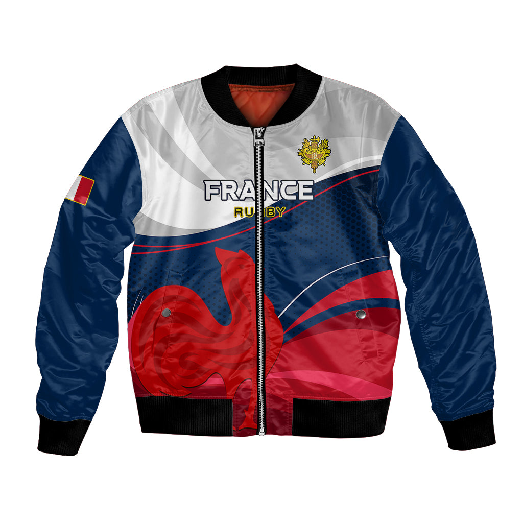 Unisex bomber jacket with France rugby crest, blue/red graphics, front zip, ribbed cuffs
