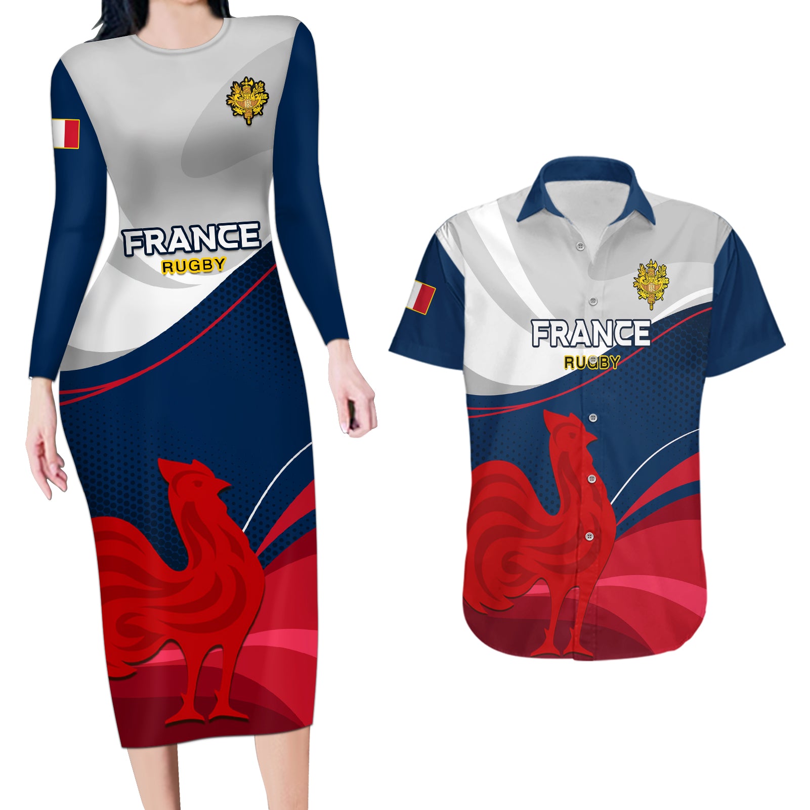 Custom France Rugby Couples Matching Long Sleeve Bodycon Dress and Hawaiian Shirt XV de France 2023 World Cup - Wonder Print Shop