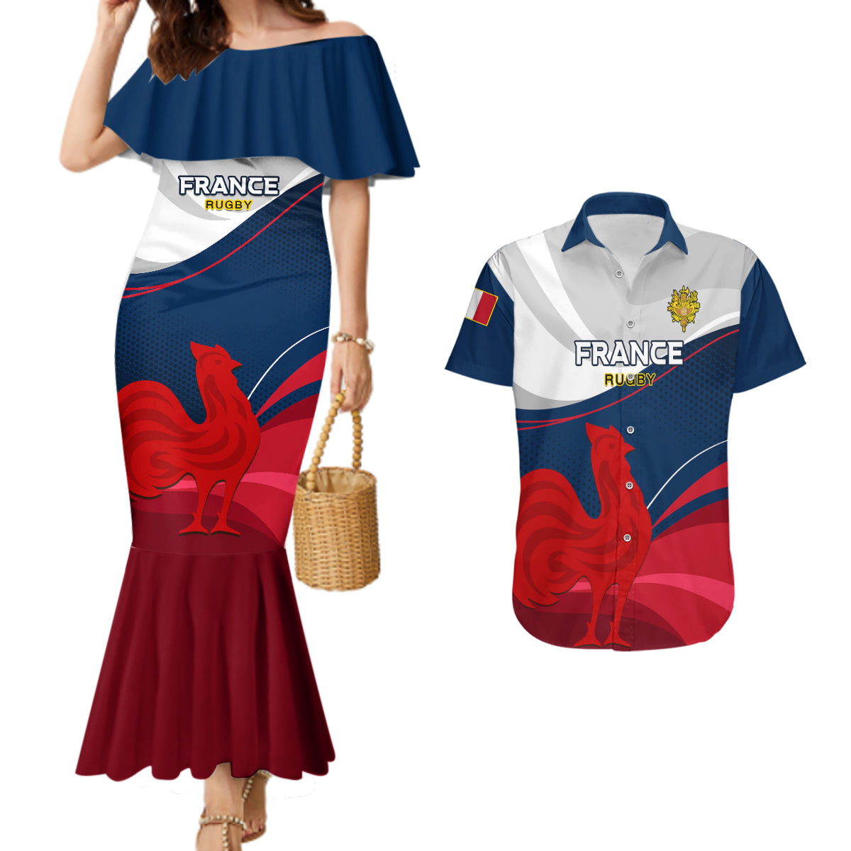 Custom France Rugby Couples Matching Mermaid Dress and Hawaiian Shirt XV de France 2023 World Cup - Wonder Print Shop