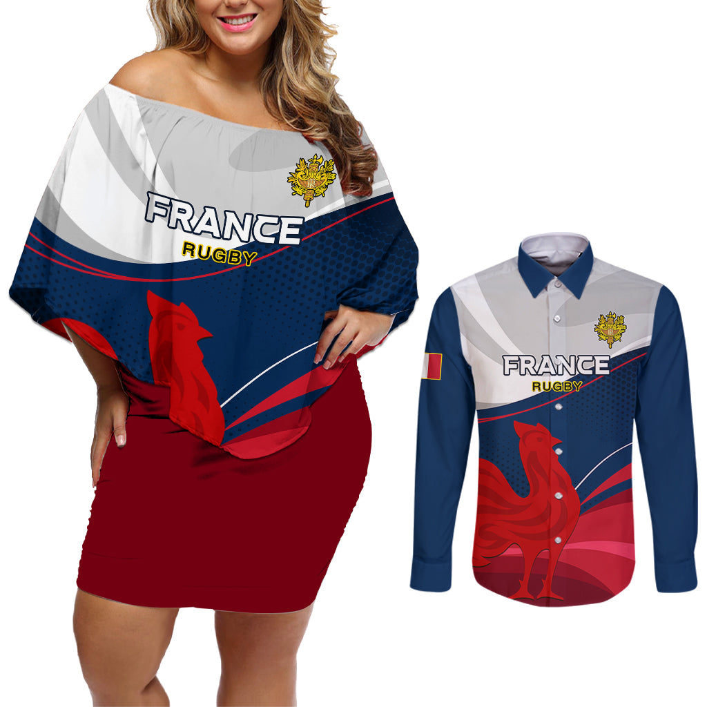 Custom France Rugby Couples Matching Off Shoulder Short Dress and Long Sleeve Button Shirts XV de France 2023 World Cup - Wonder Print Shop