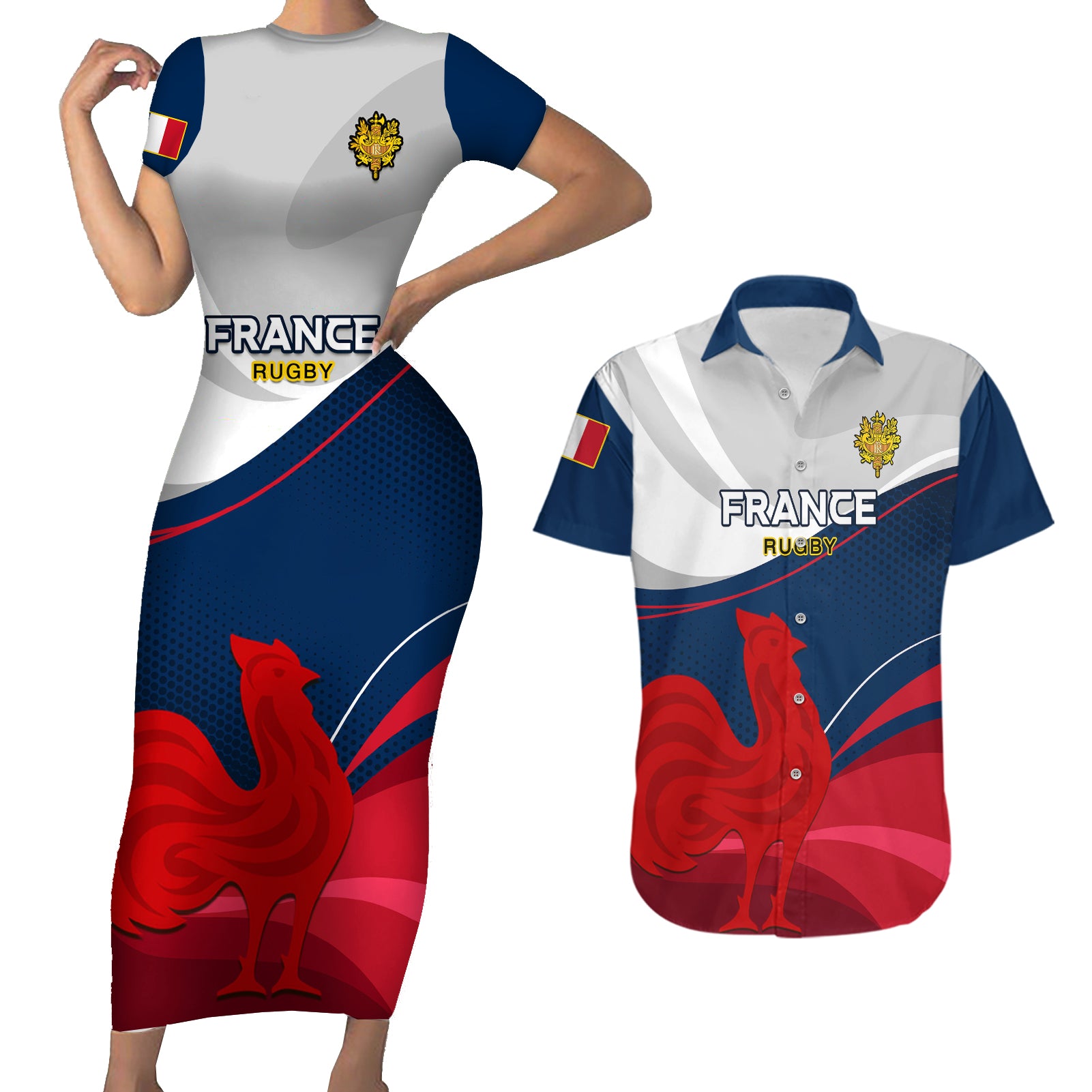 Custom France Rugby Couples Matching Short Sleeve Bodycon Dress and Hawaiian Shirt XV de France 2023 World Cup - Wonder Print Shop